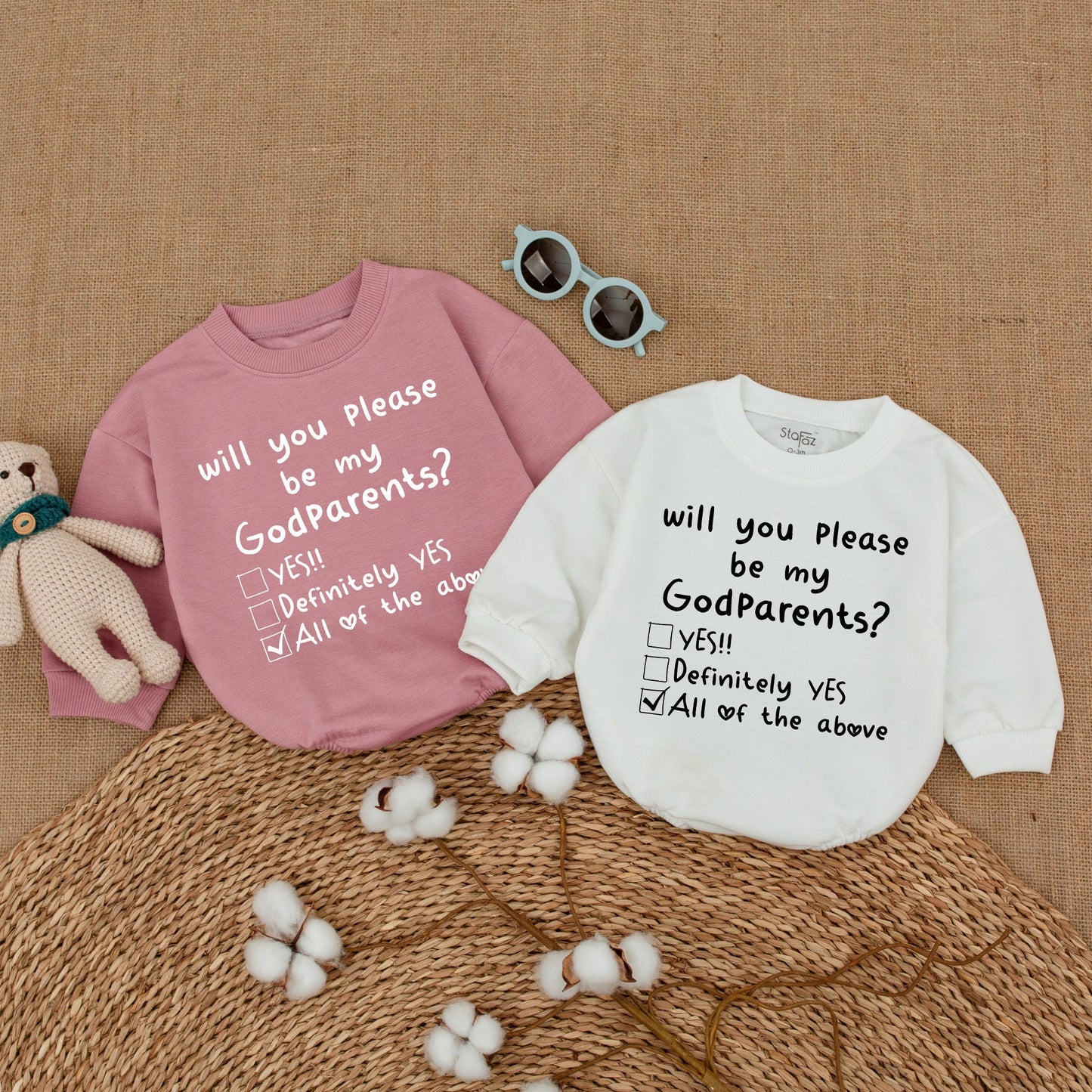 Will You Please Be My Godparents Baby Romper Proposal Bodysuit New Godparents Reveal Announcement Outfit Black Text White Checkbox Hearts Simple Design Shower Gift