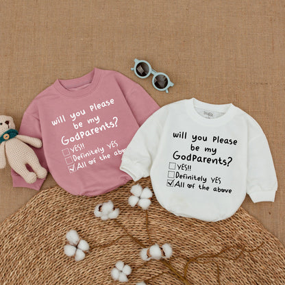 Will You Please Be My Godparents Baby Romper Proposal Bodysuit New Godparents Reveal Announcement Outfit Black Text White Checkbox Hearts Simple Design Shower Gift