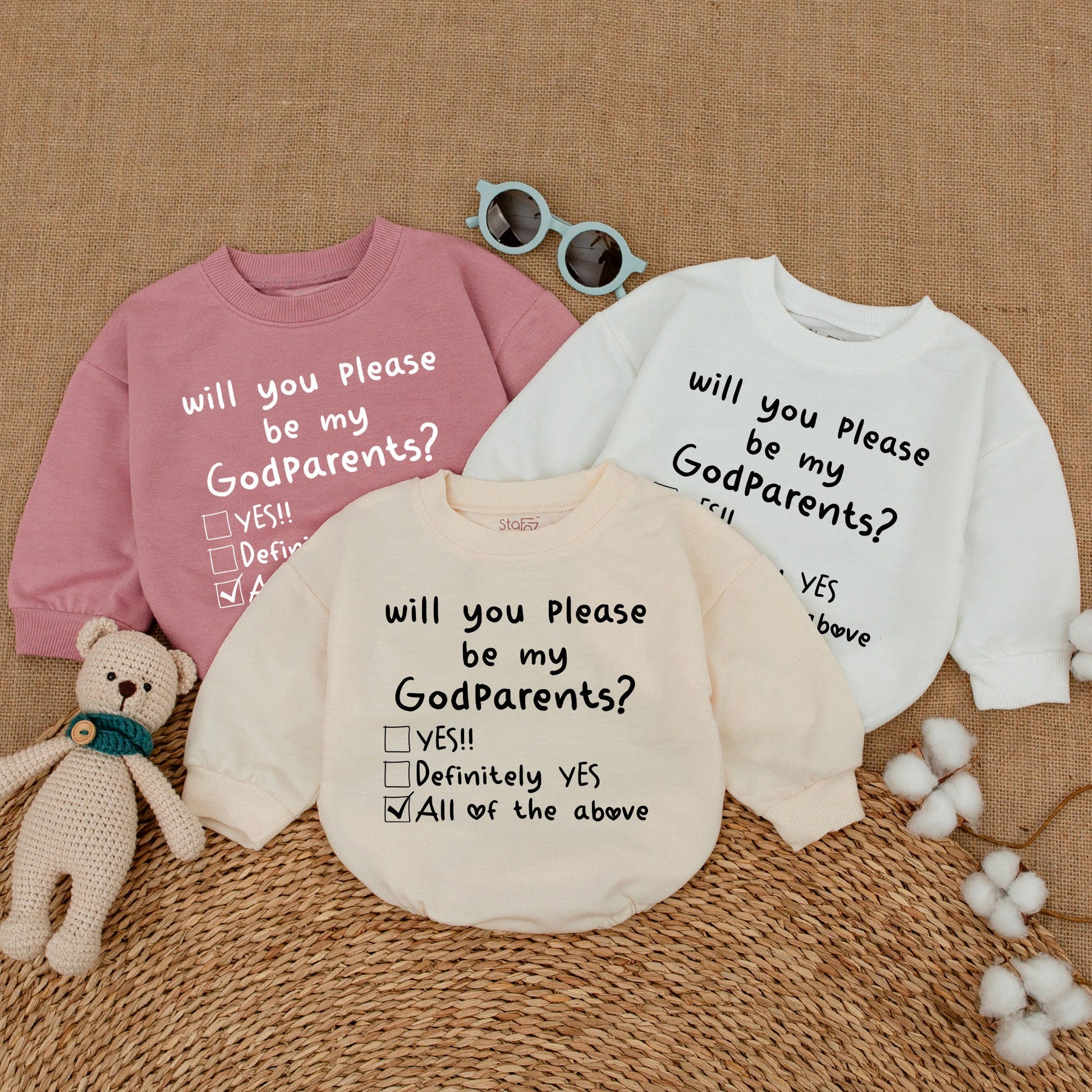 Will You Please Be My Godparents Baby Romper Proposal Bodysuit New Godparents Reveal Announcement Outfit Black Text White Checkbox Hearts Simple Design Shower Gift