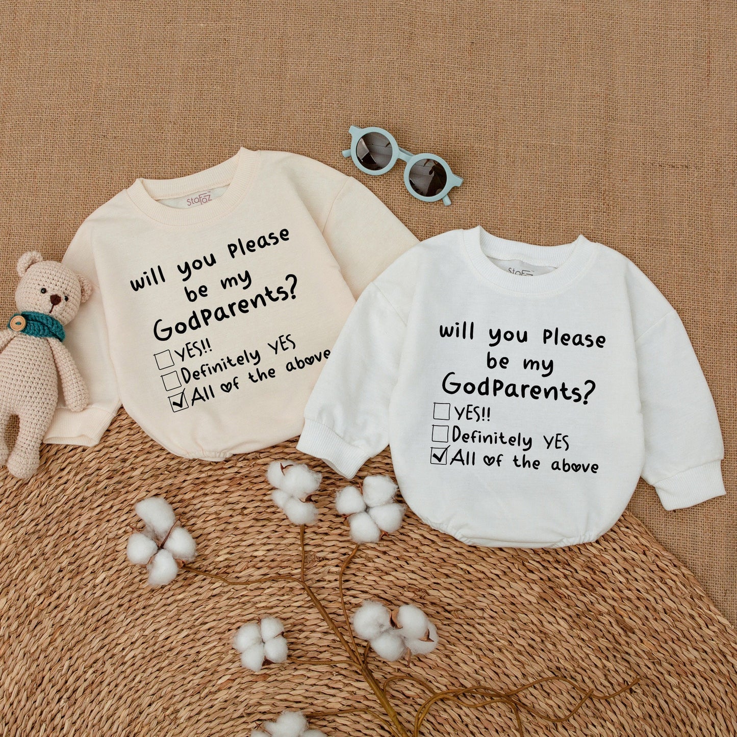 Will You Please Be My Godparents Baby Romper Proposal Bodysuit New Godparents Reveal Announcement Outfit Black Text White Checkbox Hearts Simple Design Shower Gift