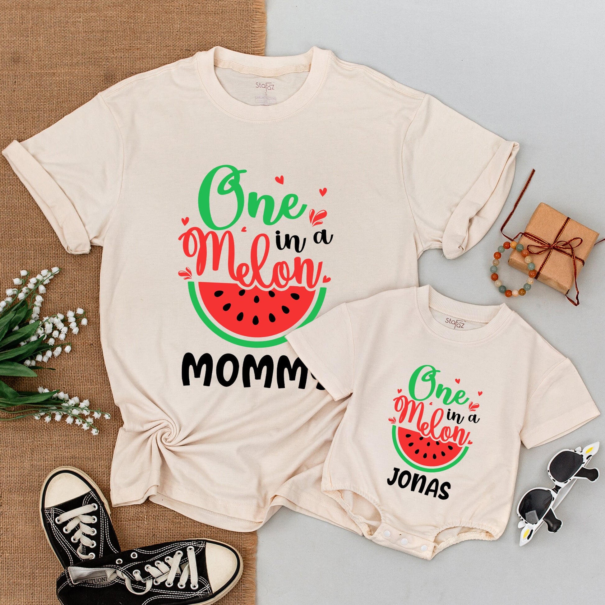 One In a Melon Personalized Watermelon Family Matching Shirt Bodysuit Red Hearts Graphic First Birthday Outfit Baby Girl Clothes Gift