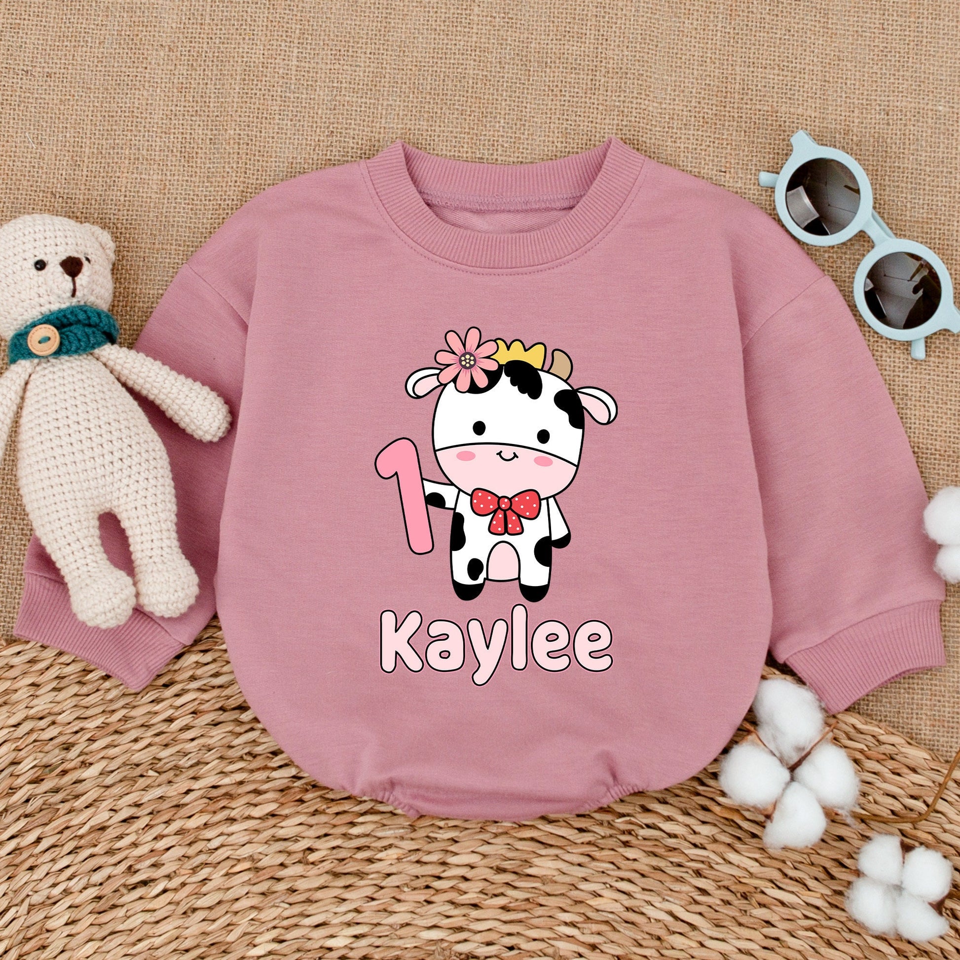 Personalized Holy Cow I'm One Girl's 1st Birthday Romper Pink Flower Crown Red Bow Tie Baby Bubble Bodysuit Outfit Farm Party Shower Gift