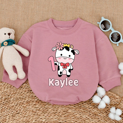 Personalized Holy Cow I'm One Girl's 1st Birthday Romper Pink Flower Crown Red Bow Tie Baby Bubble Bodysuit Outfit Farm Party Shower Gift