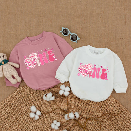 Pink Bubbly ONE Cowgirl Disco First Birthday Romper Baby Girl Western Rodeo Country Outfit with Heart Disco Ball Cowboy Hat Cactus Details