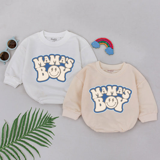 Mama's Boy Baby Romper Bodysuit, Cheerful Retro Newborn Outfit with Smiling Face & Lightning Bolt Eyes, Vintage Gift for Little Boys