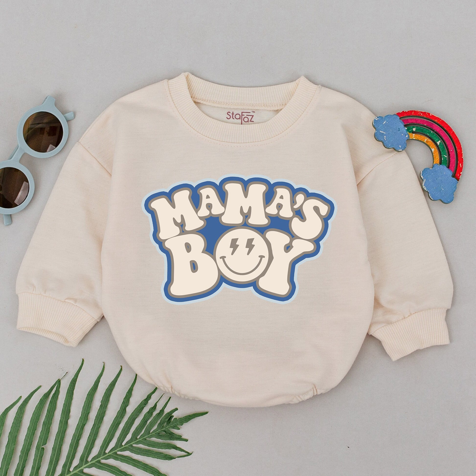 Mama's Boy Baby Romper Bodysuit, Cheerful Retro Newborn Outfit with Smiling Face & Lightning Bolt Eyes, Vintage Gift for Little Boys