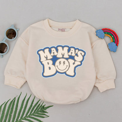 Mama's Boy Baby Romper Bodysuit, Cheerful Retro Newborn Outfit with Smiling Face & Lightning Bolt Eyes, Vintage Gift for Little Boys