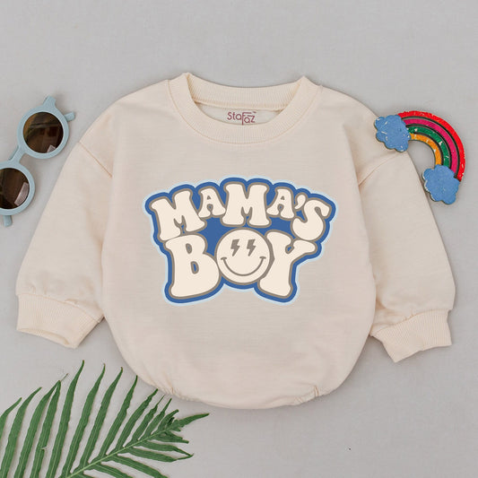 Mama's Boy Baby Romper Bodysuit, Cheerful Retro Newborn Outfit with Smiling Face & Lightning Bolt Eyes, Vintage Gift for Little Boys