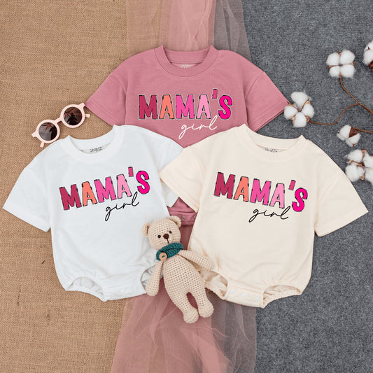 Mama's Girl Pink Bubble Romper Outfit Baby Short Sleeve Baggy Tee New Mom Mother's Day Gift Comfortable Infant Clothing