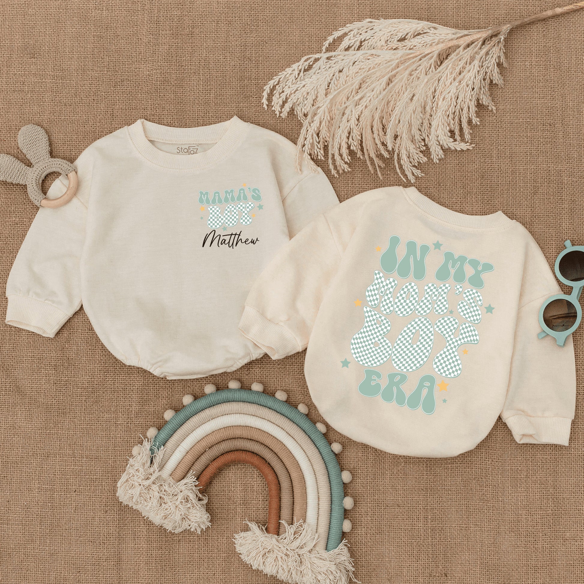 Personalized In My Mom's Boy Era Baby Romper, Retro Green Checkerboard Mama's Boy Bodysuit, Unique First Mothers Day New Baby Gift with Child's Name