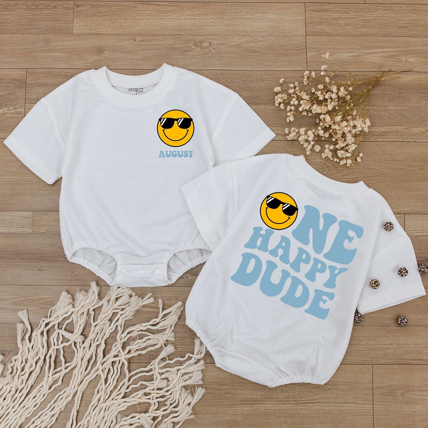 Custom One Happy Dude 1st Birthday Bodysuit Smiley Face Outfit Groovy Yellow Sunglasses Design Baby Infant Party Gift Soft Cotton Apparel