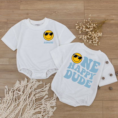 Custom One Happy Dude 1st Birthday Bodysuit Smiley Face Outfit Groovy Yellow Sunglasses Design Baby Infant Party Gift Soft Cotton Apparel