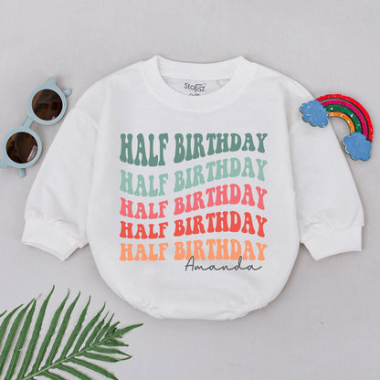 Personalized Half Birthday Romper Colorful Stacked Text Name Design 6 Months Baby Outfit Half Way To One Newborn Girl Boy Celebration Gift