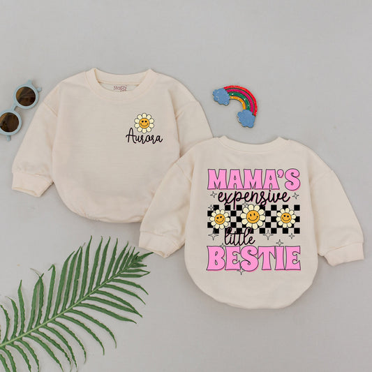 Mama's Expensive Bestie Romper Baby Girl First Mother's Day Gift Retro Daisy Checkered Playful Newborn Shower Outfit Soft Cotton Apparel
