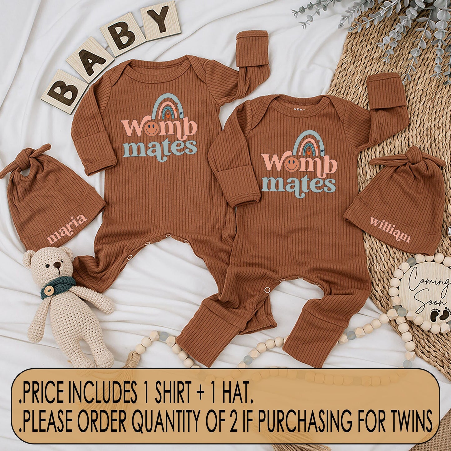 Twin Womb Mates Newborn Baby Bodysuit & Hat Set Retro Peach Teal Rainbow Design Funny Best Friends Matching Outfit Coming Home Gift Whimsical Vintage