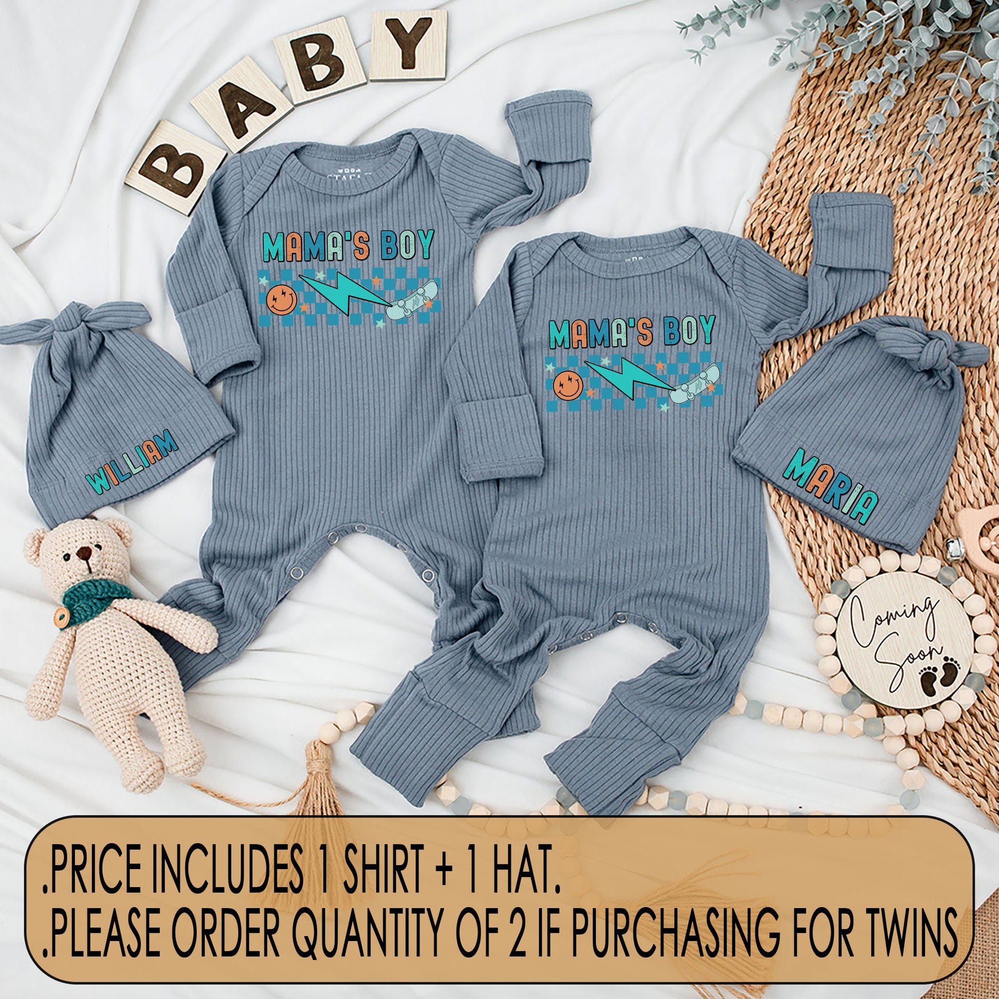 Mama's Boy Twins Retro Bodysuit and Hat Set Newborn Baby Coming Home Gift Blue Checkered Smiley Face Skateboard Teal Orange Outfit