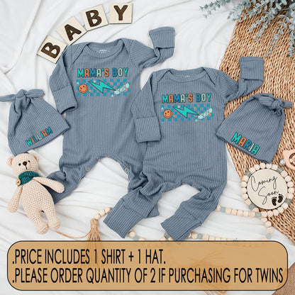 Mama's Boy Twins Retro Bodysuit and Hat Set Newborn Baby Coming Home Gift Blue Checkered Smiley Face Skateboard Teal Orange Outfit
