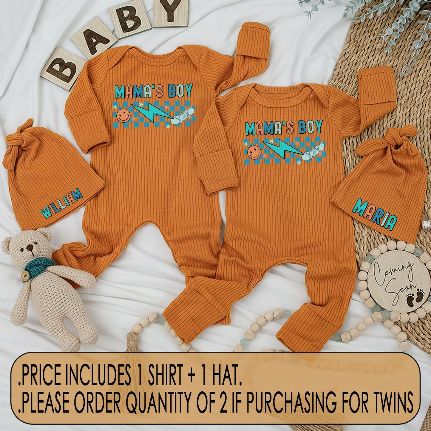 Mama's Boy Twins Retro Bodysuit and Hat Set Newborn Baby Coming Home Gift Blue Checkered Smiley Face Skateboard Teal Orange Outfit