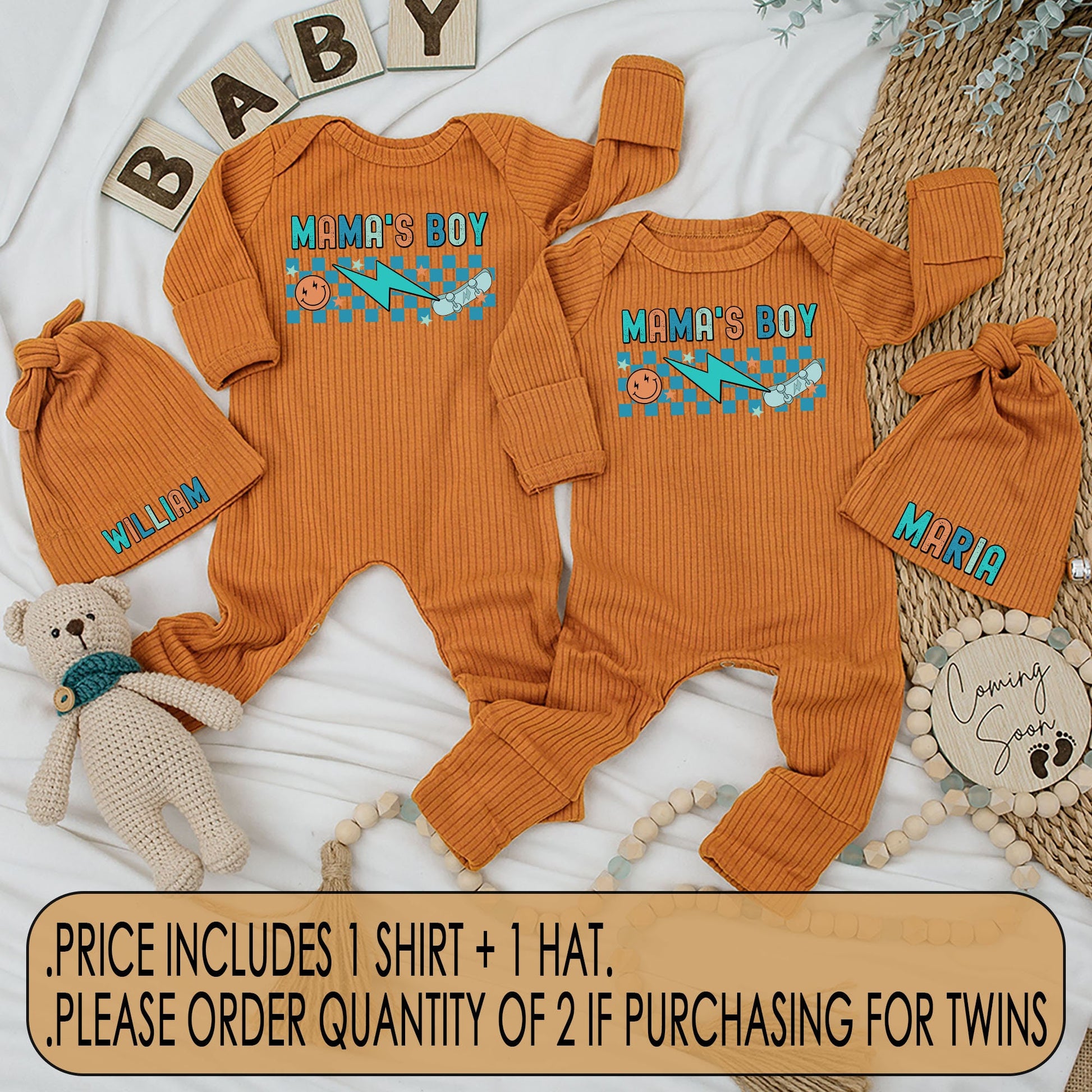 Mama's Boy Twins Retro Bodysuit and Hat Set Newborn Baby Coming Home Gift Blue Checkered Smiley Face Skateboard Teal Orange Outfit