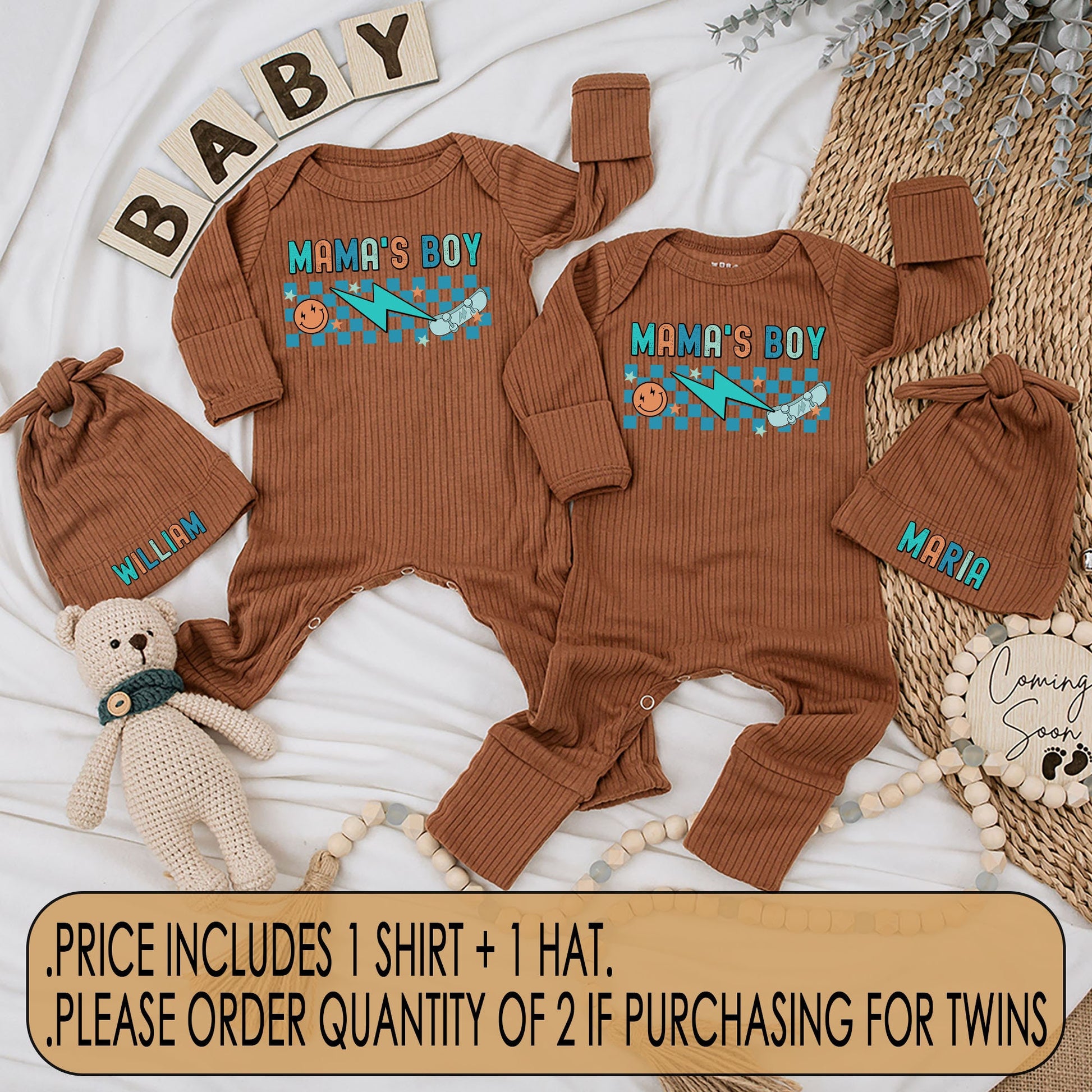 Mama's Boy Twins Retro Bodysuit and Hat Set Newborn Baby Coming Home Gift Blue Checkered Smiley Face Skateboard Teal Orange Outfit