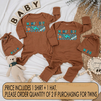 Mama's Boy Twins Retro Bodysuit and Hat Set Newborn Baby Coming Home Gift Blue Checkered Smiley Face Skateboard Teal Orange Outfit