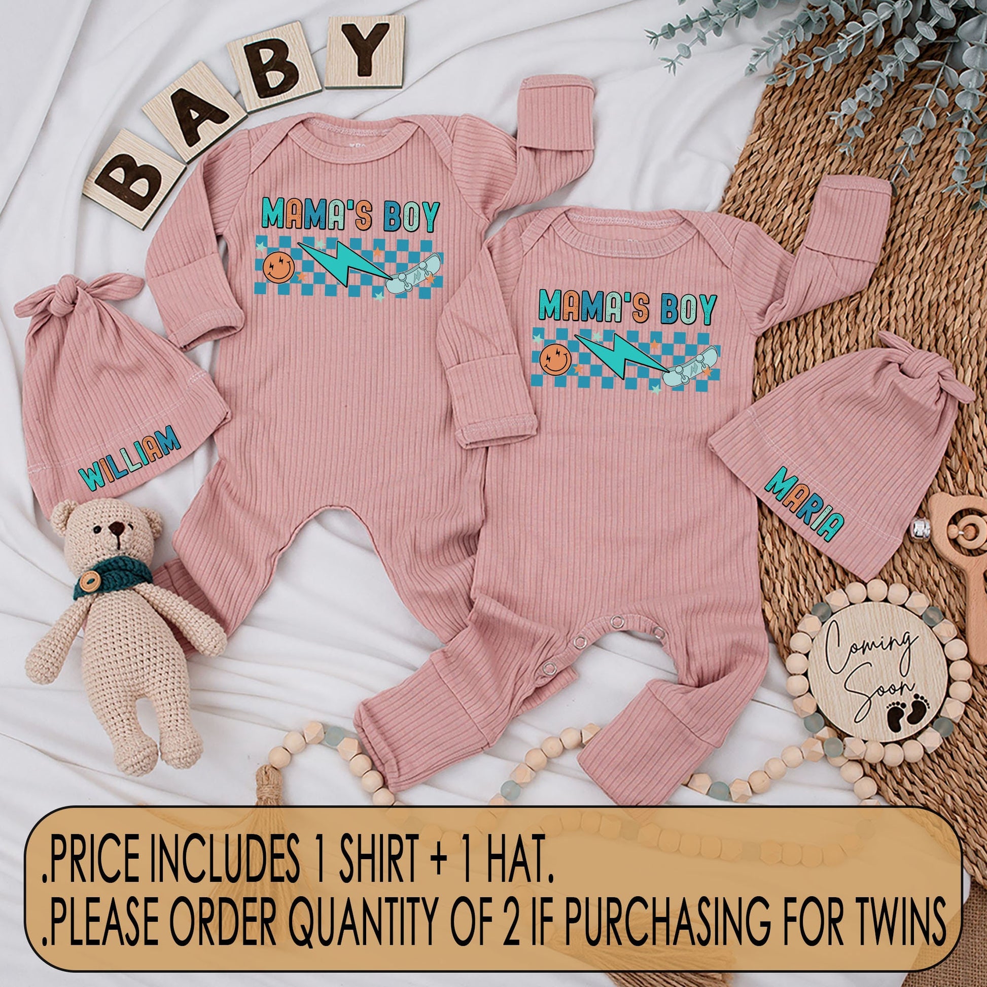 Mama's Boy Twins Retro Bodysuit and Hat Set Newborn Baby Coming Home Gift Blue Checkered Smiley Face Skateboard Teal Orange Outfit