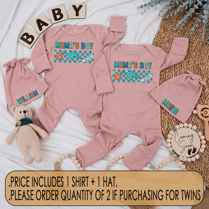 Mama's Boy Twins Retro Bodysuit and Hat Set Newborn Baby Coming Home Gift Blue Checkered Smiley Face Skateboard Teal Orange Outfit