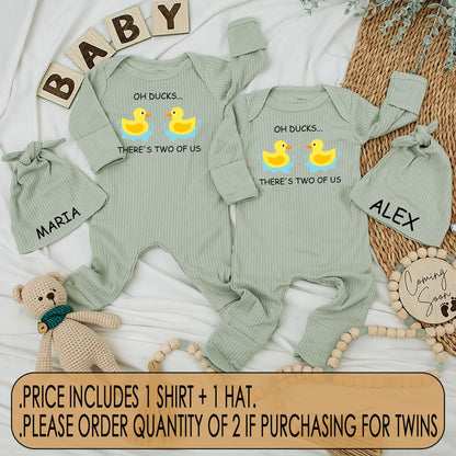 Funny Twin Baby Bodysuit & Hat Set Oh Ducks There's Two Of Us Yellow Rubber Duck Design Cute Whimsical Newborn Romper Matching Coming Home Outfit