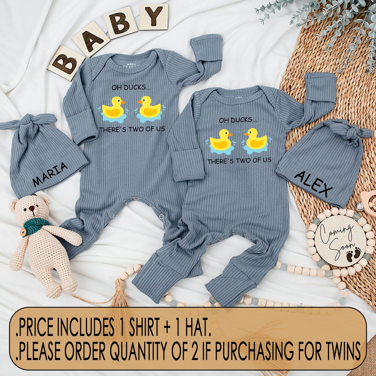 Funny Twin Baby Bodysuit & Hat Set Oh Ducks There's Two Of Us Yellow Rubber Duck Design Cute Whimsical Newborn Romper Matching Coming Home Outfit