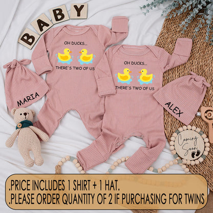 Funny Twin Baby Bodysuit & Hat Set Oh Ducks There's Two Of Us Yellow Rubber Duck Design Cute Whimsical Newborn Romper Matching Coming Home Outfit