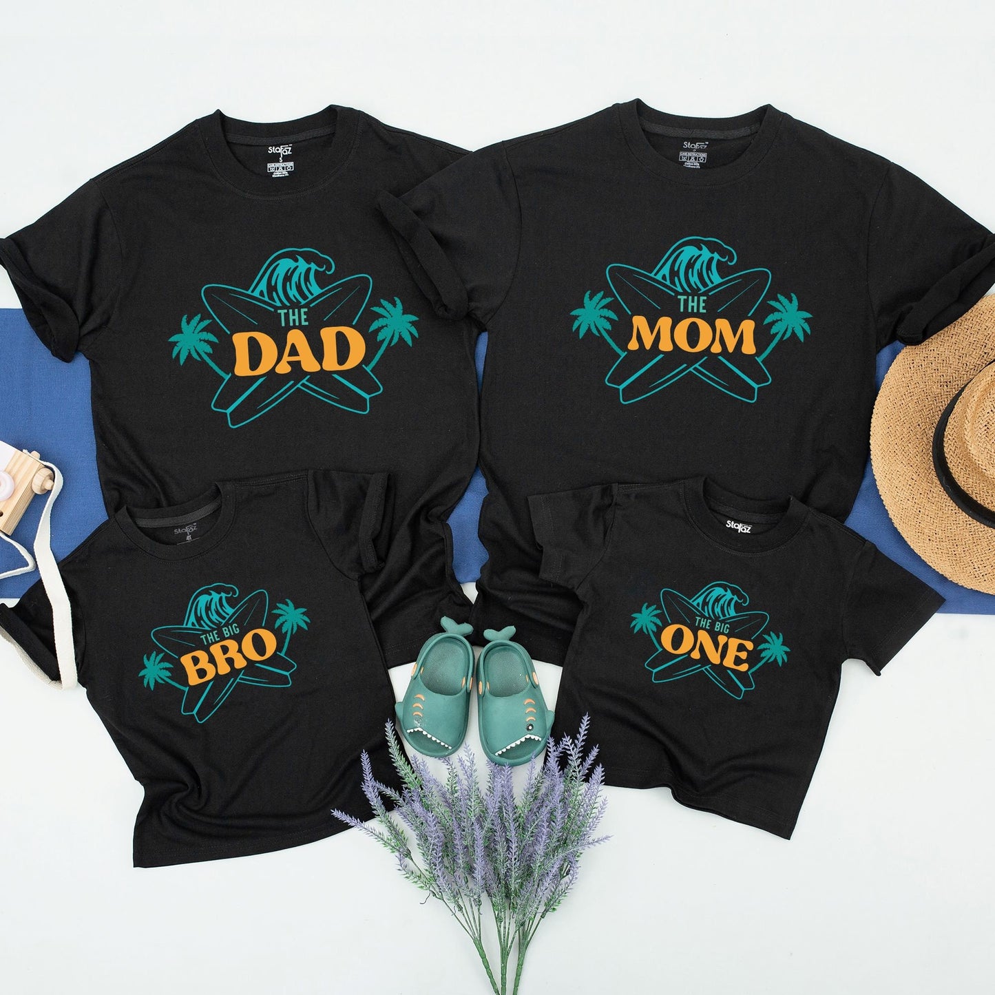 Matching Family Surf Birthday Shirts for The Big One First Birthday featuring a cool teal wave and golden palm trees perfect beach party tees