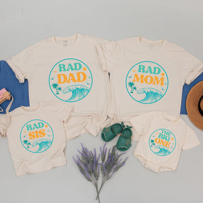 Playful Matching Surf Family Birthday Shirts with Rad Dad Mom Bro The Big One Designs, Teal Wave Palm Tree Summer Party Celebration Outfits