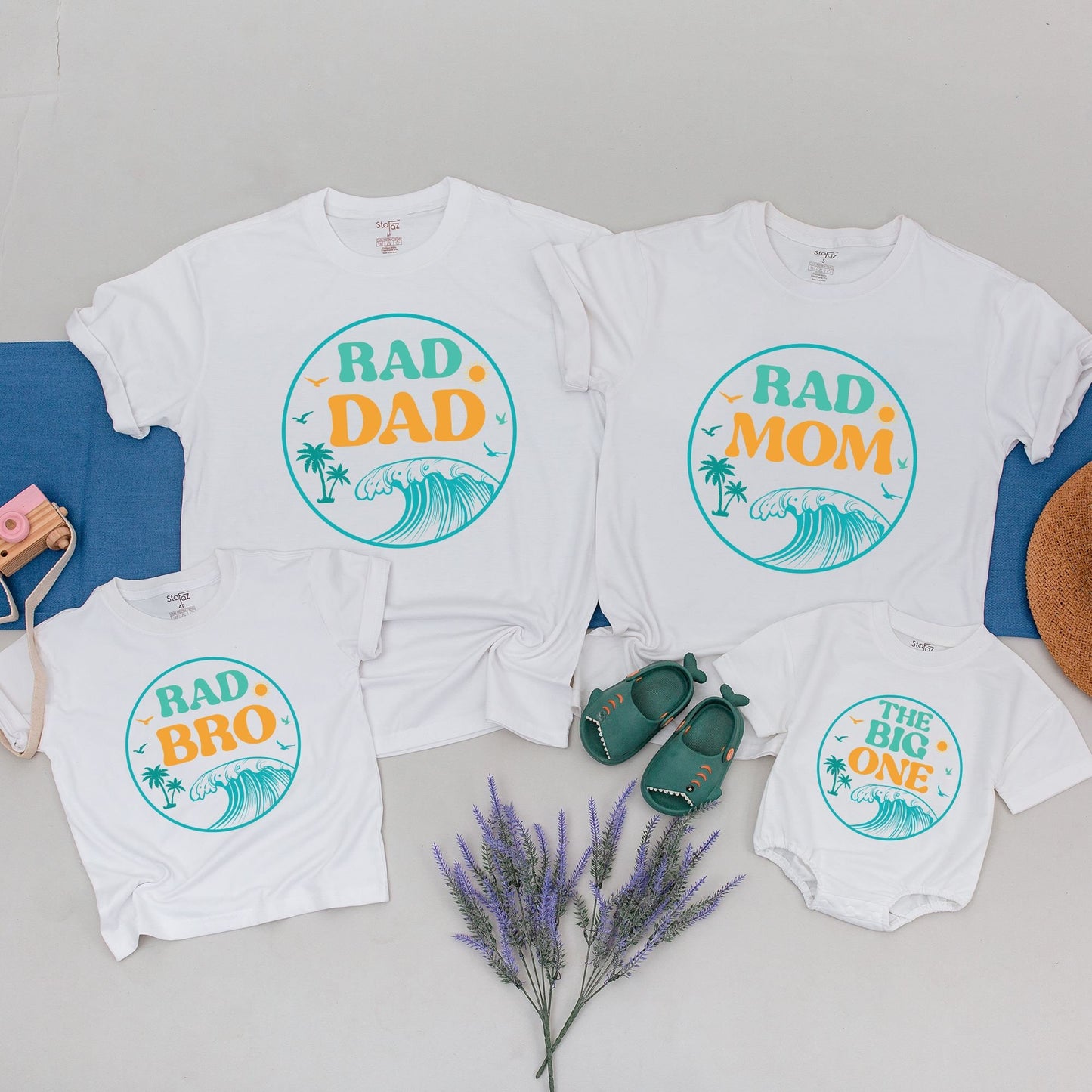 Playful Matching Surf Family Birthday Shirts with Rad Dad Mom Bro The Big One Designs, Teal Wave Palm Tree Summer Party Celebration Outfits