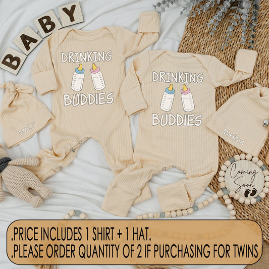 Drinking Buddies Twin Newborn Baby Bodysuit and Hat Set Funny Matching Boy Girl Outfit Cute Cartoon Bottle Design Coming Home Best Friends Gift