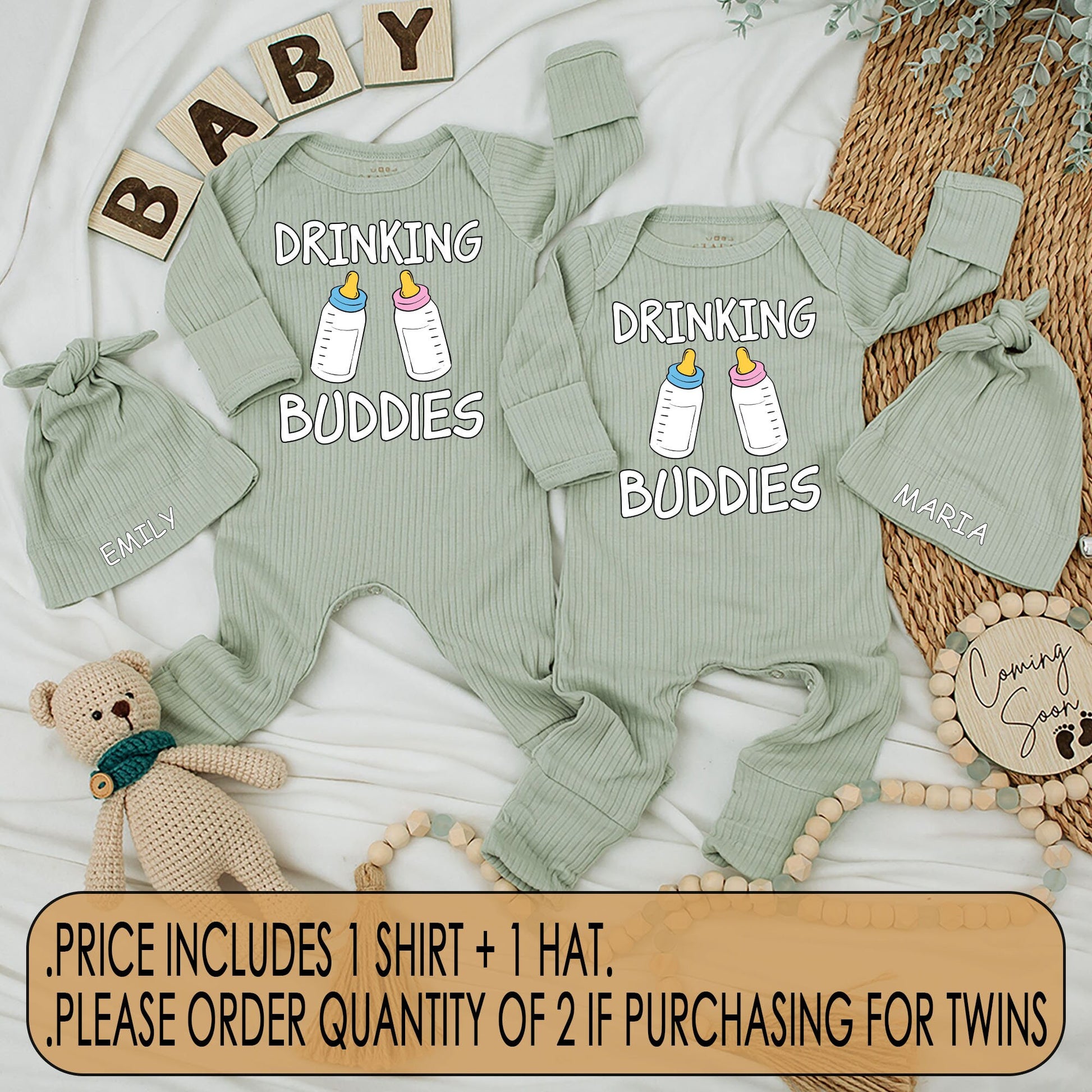 Drinking Buddies Twin Newborn Baby Bodysuit and Hat Set Funny Matching Boy Girl Outfit Cute Cartoon Bottle Design Coming Home Best Friends Gift
