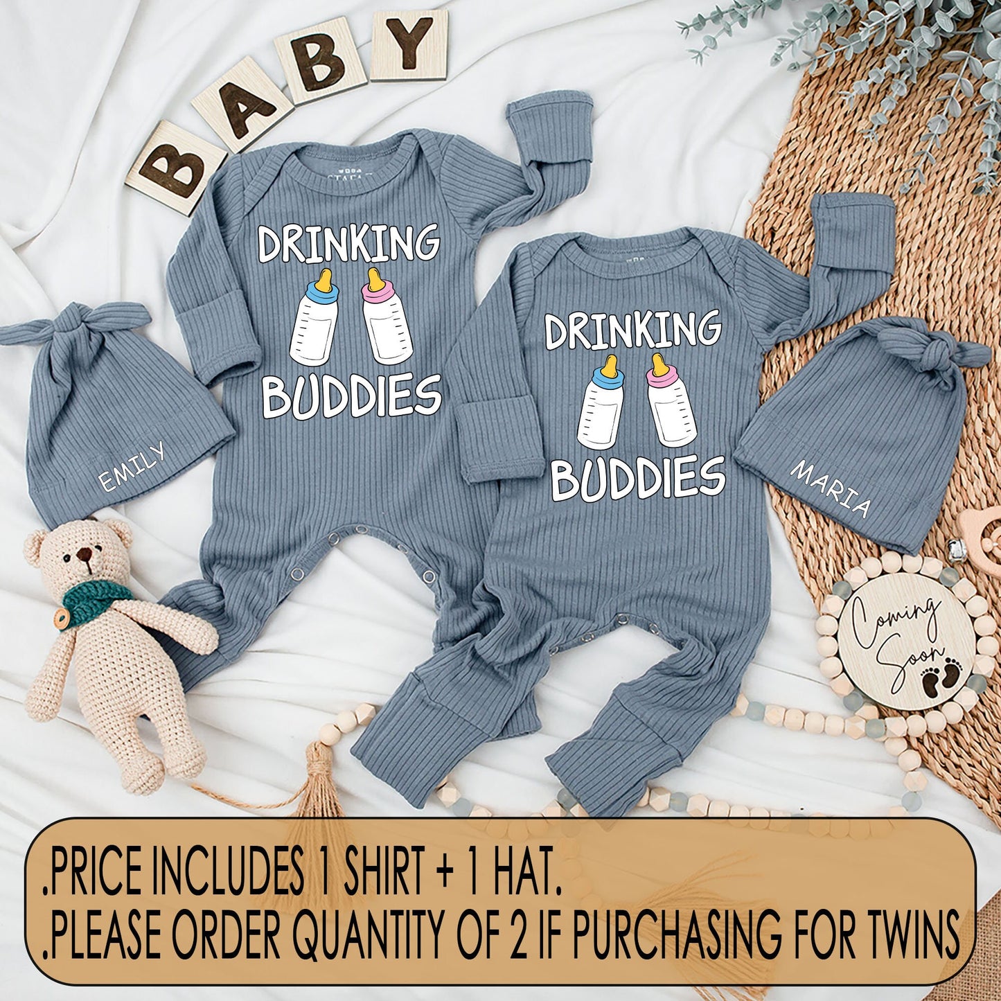 Drinking Buddies Twin Newborn Baby Bodysuit and Hat Set Funny Matching Boy Girl Outfit Cute Cartoon Bottle Design Coming Home Best Friends Gift