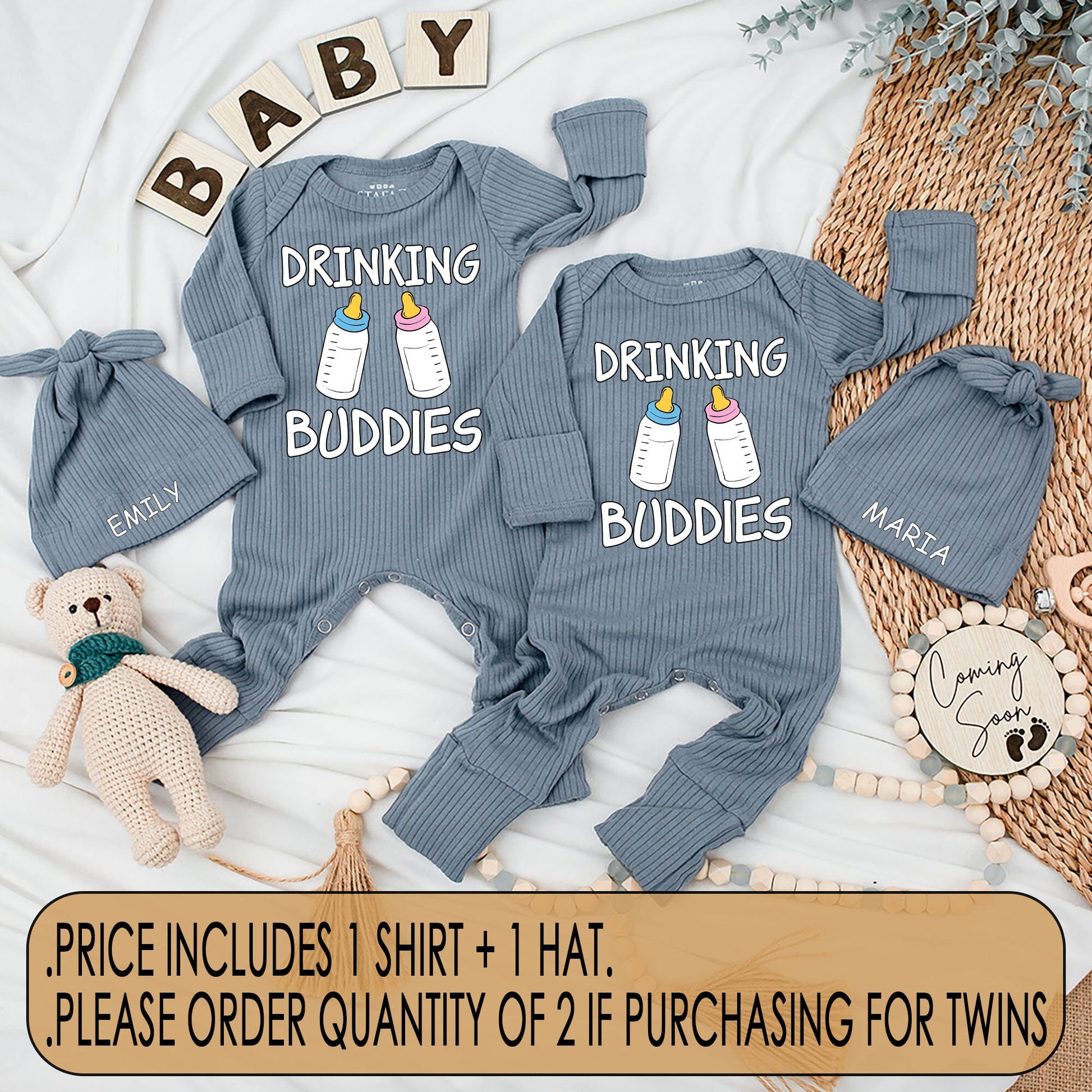 Drinking Buddies Twin Newborn Baby Bodysuit and Hat Set Funny Matching Boy Girl Outfit Cute Cartoon Bottle Design Coming Home Best Friends Gift