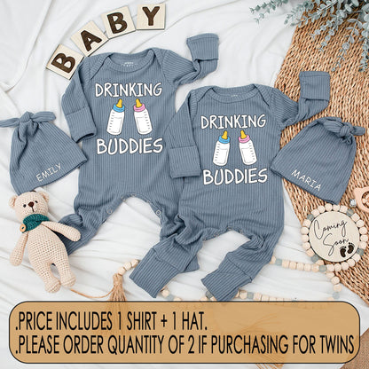 Drinking Buddies Twin Newborn Baby Bodysuit and Hat Set Funny Matching Boy Girl Outfit Cute Cartoon Bottle Design Coming Home Best Friends Gift