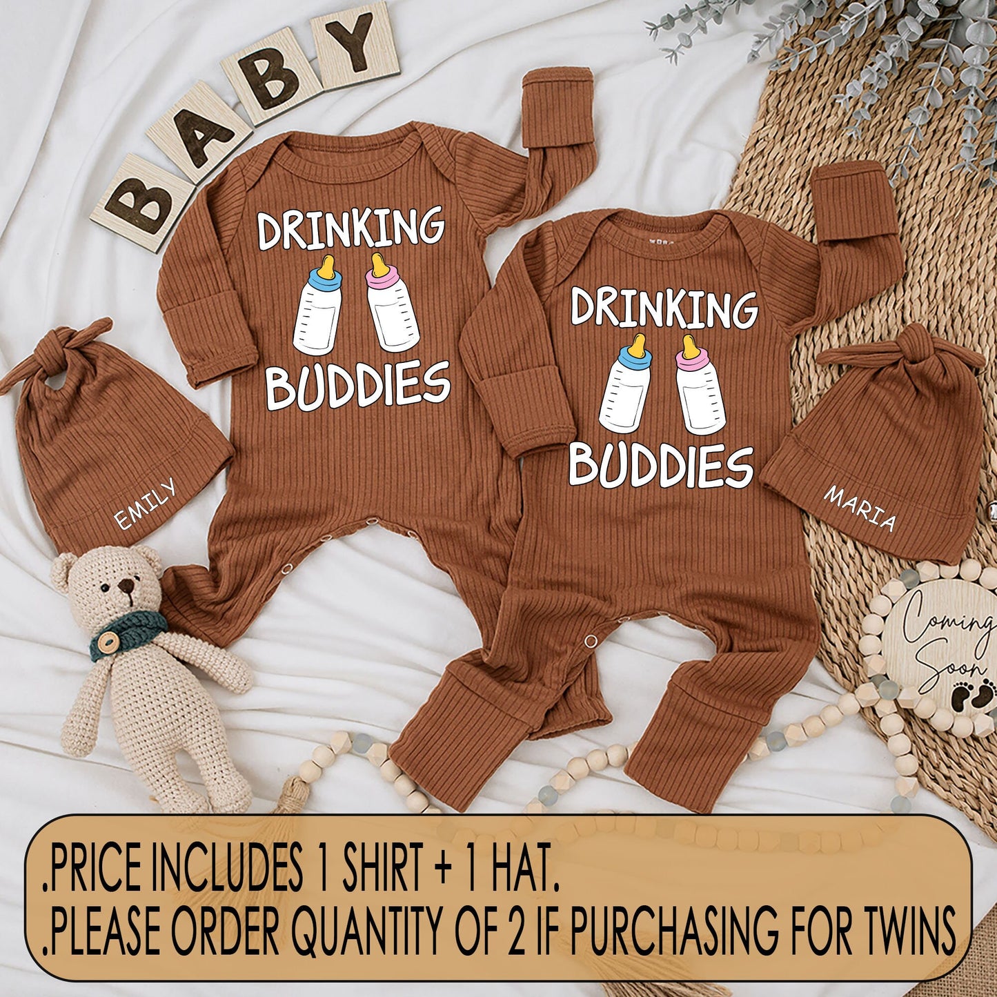 Drinking Buddies Twin Newborn Baby Bodysuit and Hat Set Funny Matching Boy Girl Outfit Cute Cartoon Bottle Design Coming Home Best Friends Gift