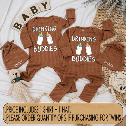 Drinking Buddies Twin Newborn Baby Bodysuit and Hat Set Funny Matching Boy Girl Outfit Cute Cartoon Bottle Design Coming Home Best Friends Gift