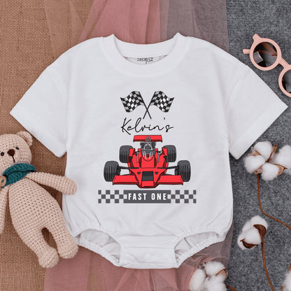 Personalized Race Car Fast One Baby Boy Short Sleeve Romper Outfit Custom Name First Birthday Checkered Flags Red Car 1st Celebration