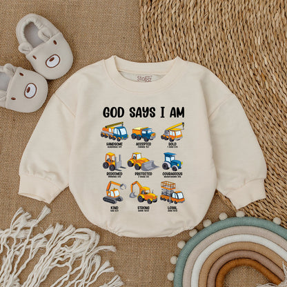 God Says I Am Christian Baby Bodysuit with Construction Vehicles Gender Reveal Baby Shower Gift Religious Keepsake Baptism Bubble Romper