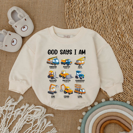 God Says I Am Christian Baby Bodysuit with Construction Vehicles Gender Reveal Baby Shower Gift Religious Keepsake Baptism Bubble Romper
