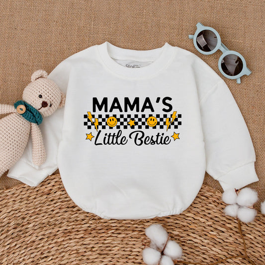 Mama's Little Bestie Retro Baby Bubble Romper Bodysuit Smiley Face Checkerboard Newborn Outfit Soft Cotton Mother's Day Gift