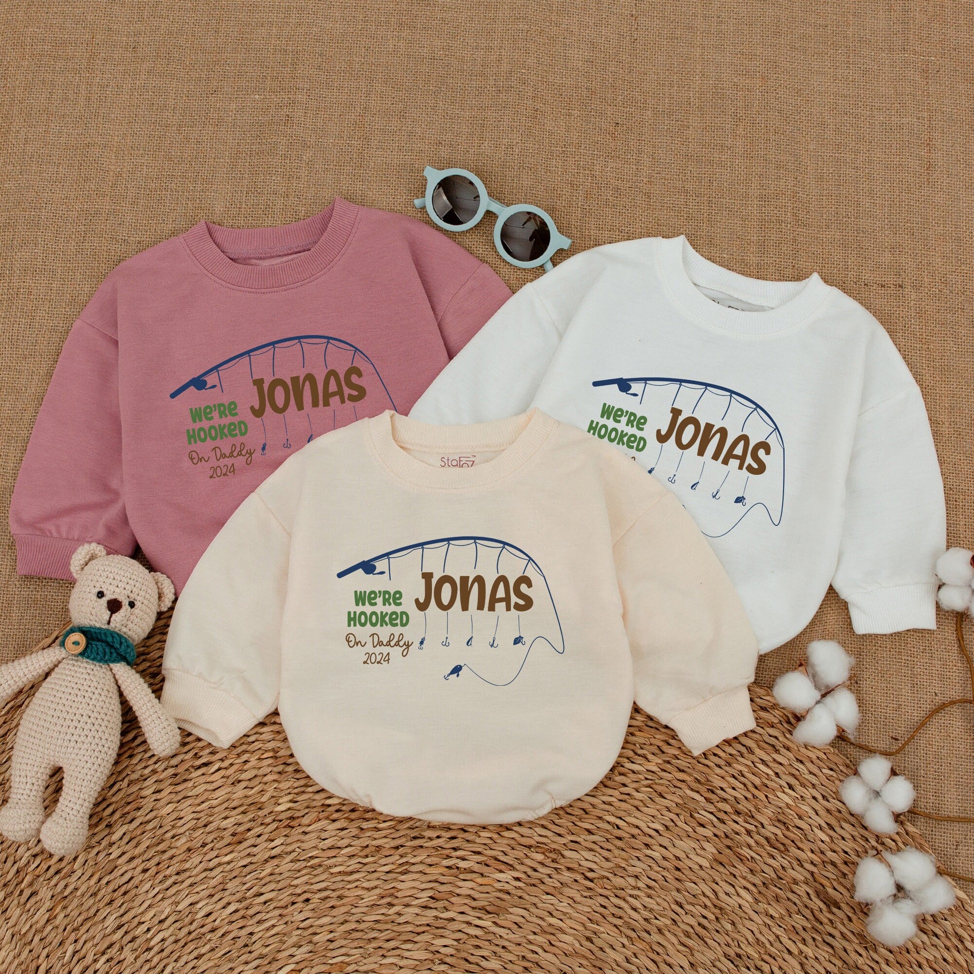 Personalized Hooked on Daddy Twins Father's Day Romper Bodysuit with Fishing Rod Navy Green Design Newborn Infant Baby Gift