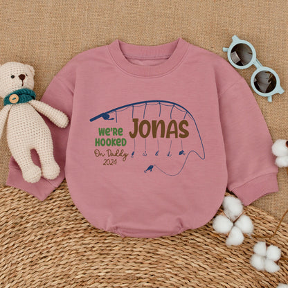 Personalized Hooked on Daddy Twins Father's Day Romper Bodysuit with Fishing Rod Navy Green Design Newborn Infant Baby Gift