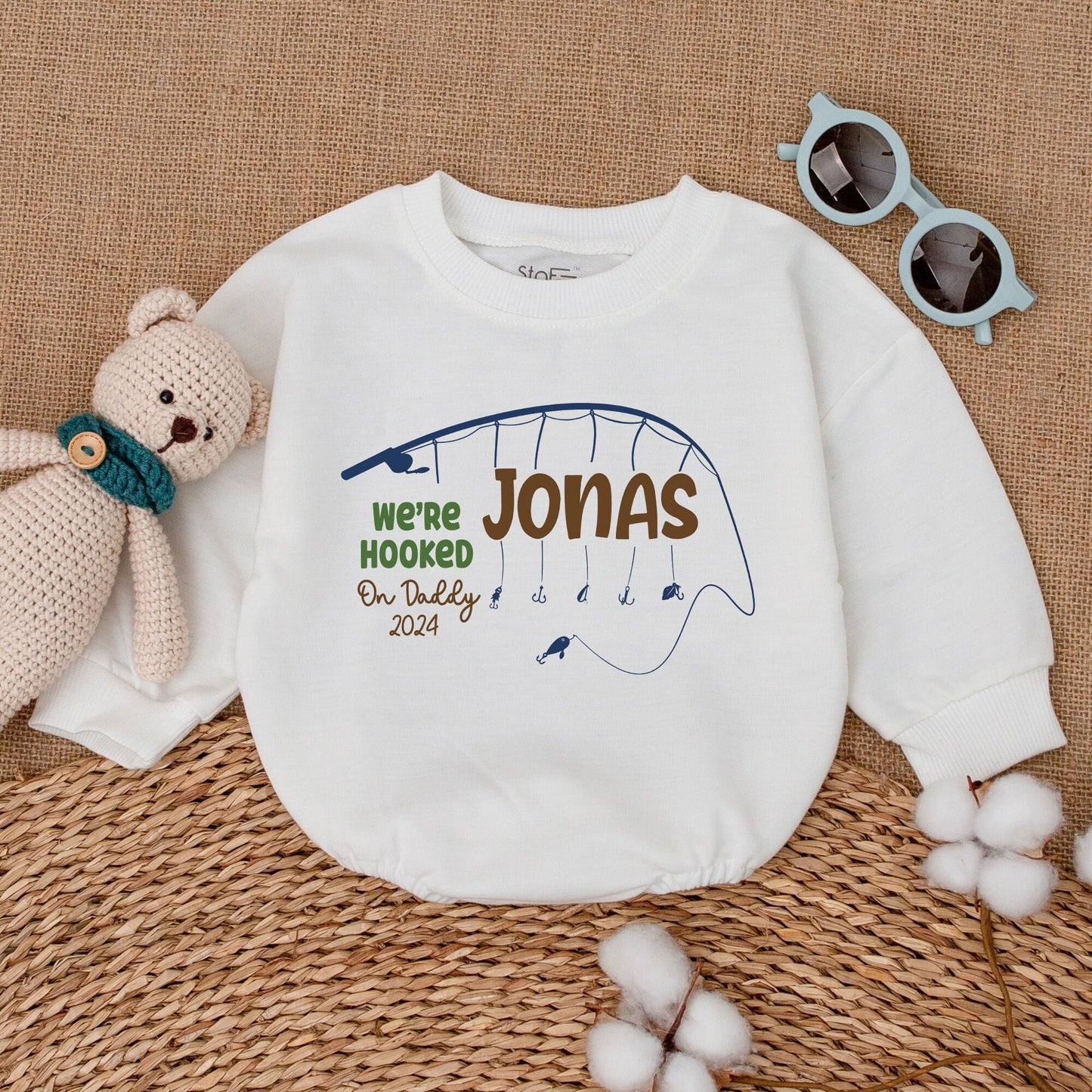 Personalized Hooked on Daddy Twins Father's Day Romper Bodysuit with Fishing Rod Navy Green Design Newborn Infant Baby Gift