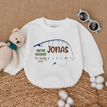 Personalized Hooked on Daddy Twins Father's Day Romper Bodysuit with Fishing Rod Navy Green Design Newborn Infant Baby Gift