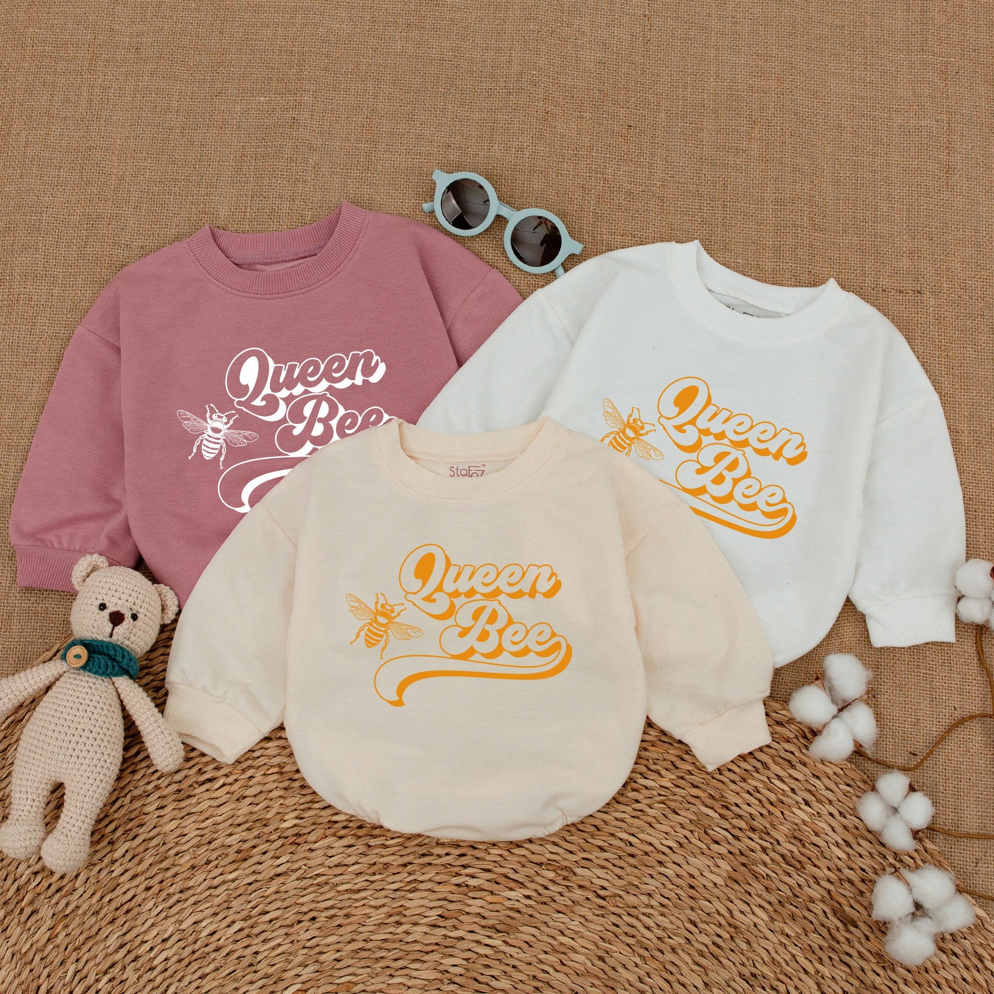 Matching Family Queen Bee Birthday Baby Romper Retro 70s Style Bubble Bodysuit First Bee Day Smash Cake Outfit Newborn Girl Gift