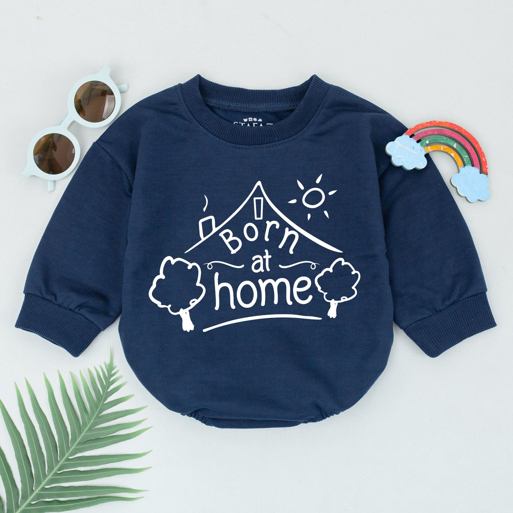 Born at Home Romper Sweet Hand-Drawn House Sun Design Newborn Baby Girl Boy Outfit for Natural Homebirth Water Birth Announcement Gift